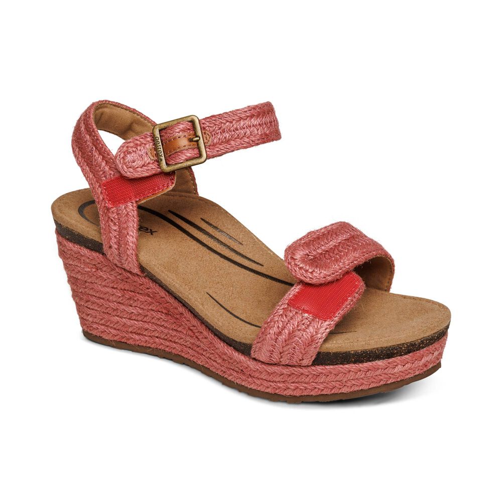 Aetrex Women's Sydney Quarter Strap Espadrille Wedge Sandals - Raspberry | USA 8AWNZN1